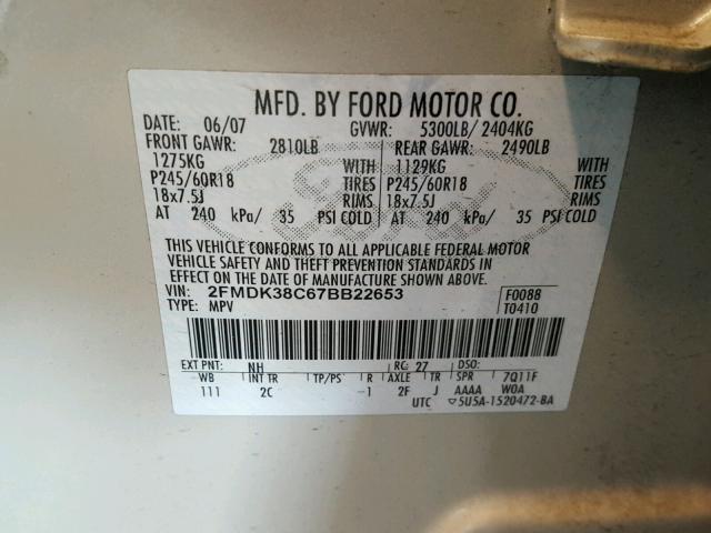 2FMDK38C67BB22653 - 2007 FORD EDGE SEL CREAM photo 10