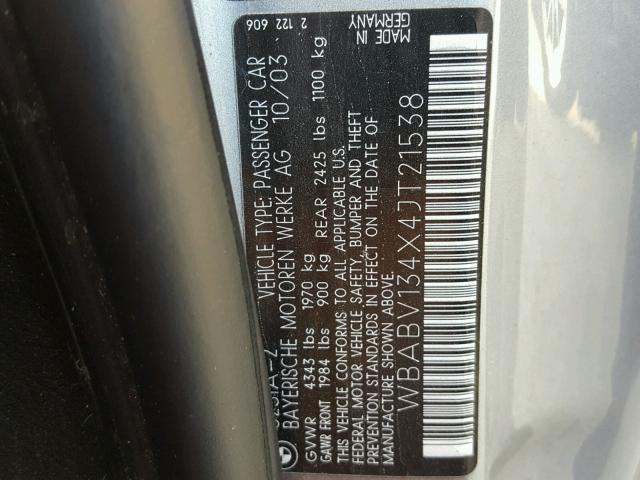 WBABV134X4JT21538 - 2004 BMW 325 CI SUL SILVER photo 10