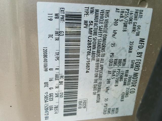 5LMFU28578LJ16874 - 2008 LINCOLN NAVIGATOR GOLD photo 10