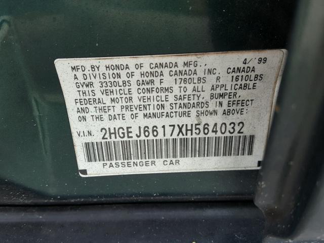 2HGEJ6617XH564032 - 1999 HONDA CIVIC BASE GREEN photo 10