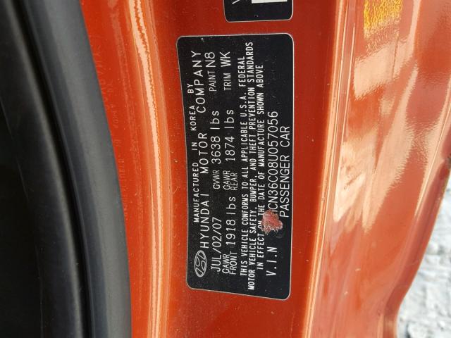 KMHCN36C08U057056 - 2008 HYUNDAI ACCENT SE ORANGE photo 10