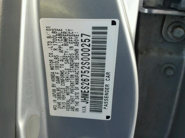 JHMES26752S000257 - 2002 HONDA CIVIC EX SILVER photo 10