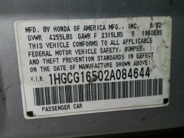 1HGCG16502A084644 - 2002 HONDA ACCORD EX SILVER photo 10