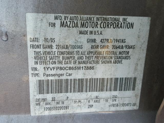 1YVFP80C865M17886 - 2006 MAZDA 6 I SILVER photo 10