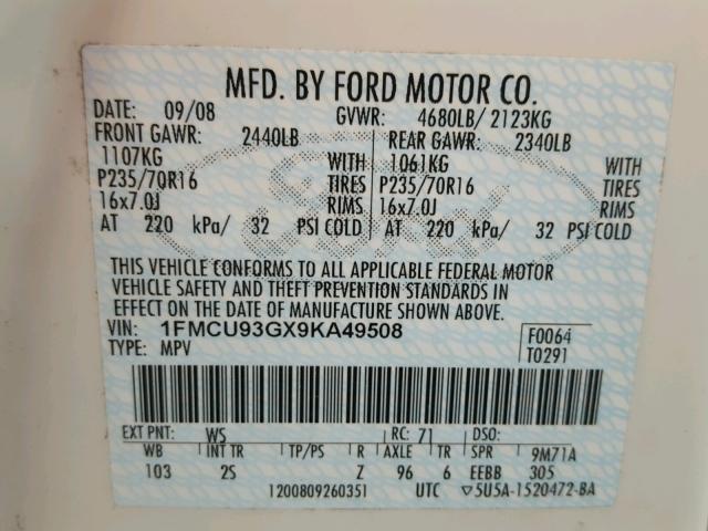 1FMCU93GX9KA49508 - 2009 FORD ESCAPE XLT WHITE photo 10