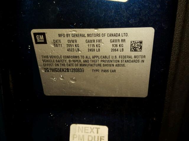 2G1WG5EK2B1280839 - 2011 CHEVROLET IMPALA LT Կապույտ լուսանկար 10
