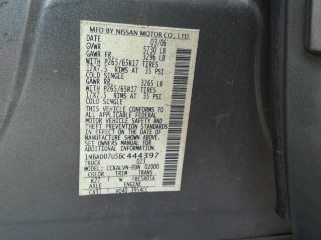 1N6AD07U56C444397 - 2006 NISSAN FRONTIER C GRAY photo 10