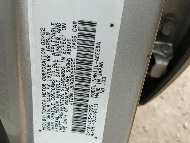 JT2BK12UX20055625 - 2002 TOYOTA PRIUS SILVER photo 10