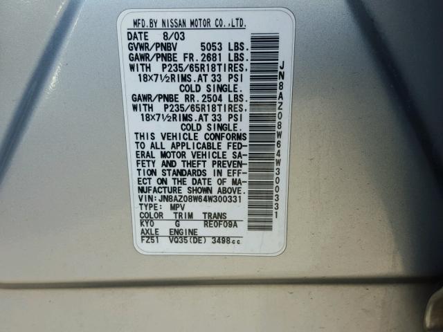 JN8AZ08W64W300331 - 2004 NISSAN MURANO SL GRAY photo 10