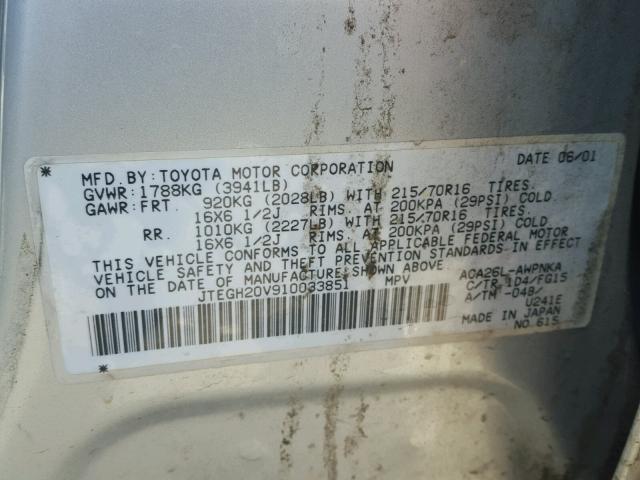 JTEGH20V910033851 - 2001 TOYOTA RAV4 SILVER photo 10