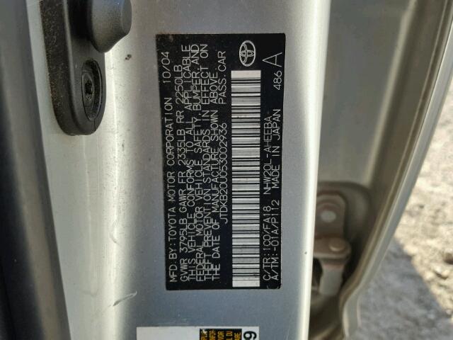 JTDKB20U053002936 - 2005 TOYOTA PRIUS SILVER photo 10