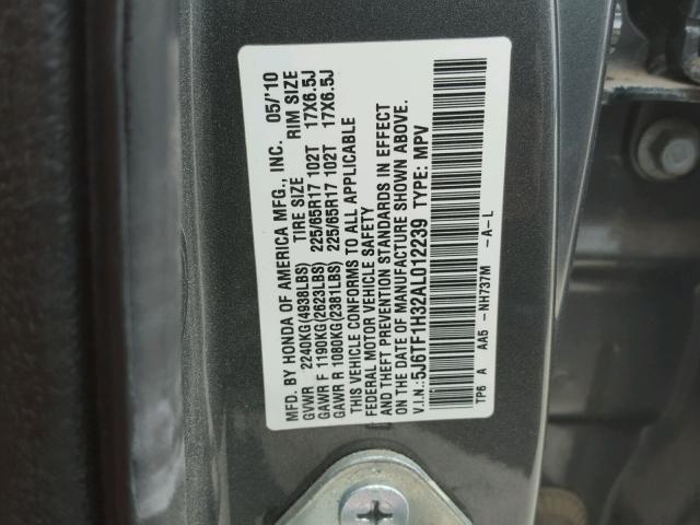 5J6TF1H32AL012239 - 2010 HONDA ACCORD CRO GRAY photo 10