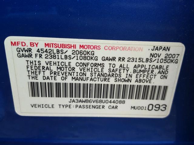 JA3AW86V68U044088 - 2008 MITSUBISHI LANCER EVO BLUE photo 10