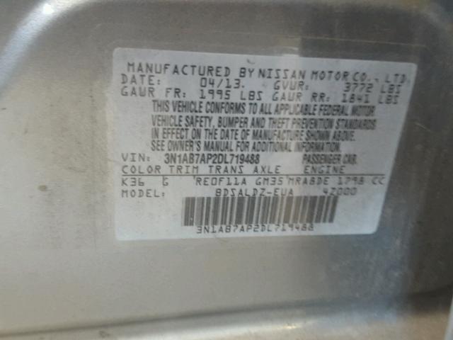 3N1AB7AP2DL719488 - 2013 NISSAN SENTRA S SILVER photo 10