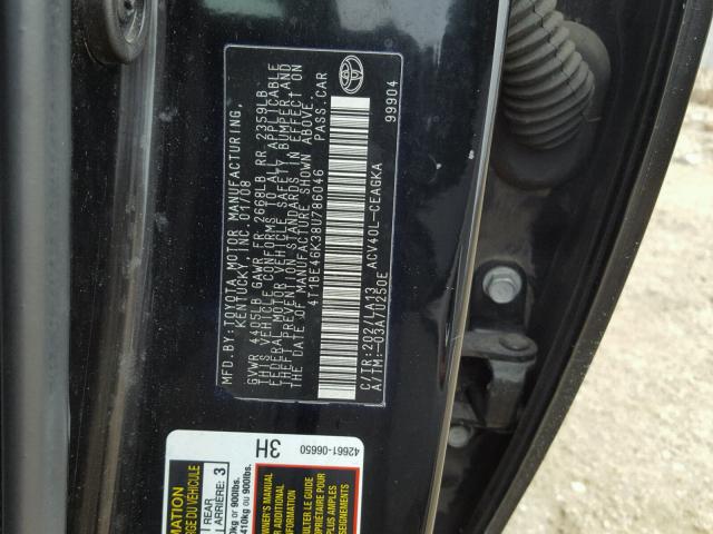 4T1BE46K38U786046 - 2008 TOYOTA CAMRY CE BLACK photo 10