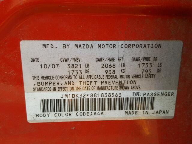 JM1BK32F881838563 - 2008 MAZDA 3 I RED photo 10