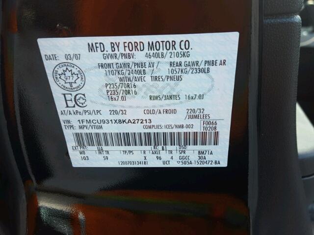 1FMCU931X8KA27213 - 2008 FORD ESCAPE XLT BLACK photo 10