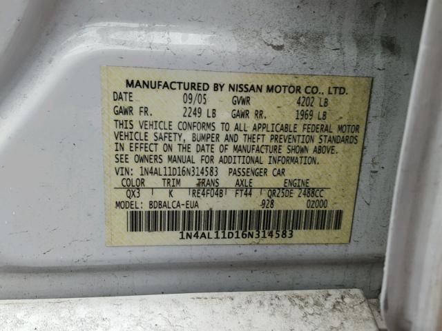 1N4AL11D16N314583 - 2006 NISSAN ALTIMA S WHITE photo 10