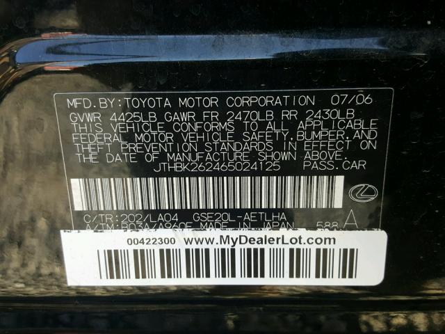 JTHBK262465024125 - 2006 LEXUS IS 250 BLACK photo 10