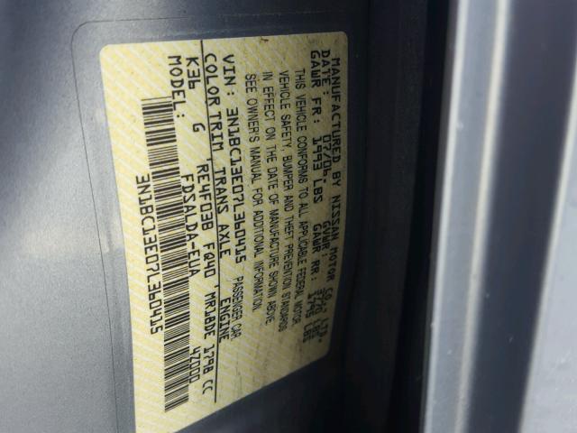 3N1BC13E07L360415 - 2007 NISSAN VERSA S GRAY photo 10