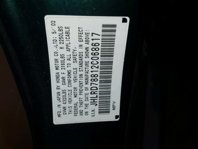 JHLRD78812C068617 - 2002 HONDA CR-V EX მწვანე ფოტო 10