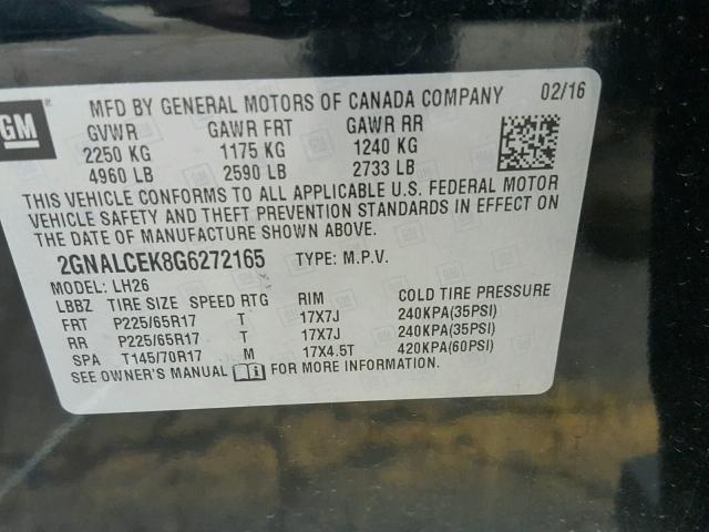 2GNALCEK8G6272165 - 2016 CHEVROLET EQUINOX LT BLACK photo 10