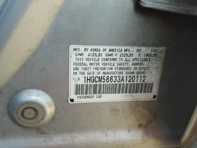 1HGCM56633A120112 - 2003 HONDA ACCORD EX SILVER photo 10