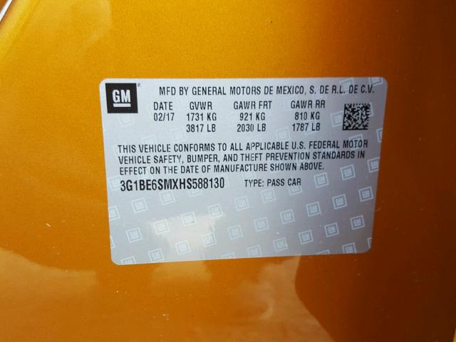 3G1BE6SMXHS588130 - 2017 CHEVROLET CRUZE LT ORANGE photo 10