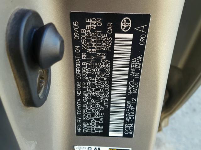 JTDKB20UX53108357 - 2005 TOYOTA PRIUS GRAY photo 10