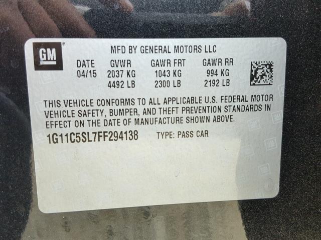 1G11C5SL7FF294138 - 2015 CHEVROLET MALIBU 1LT 黑色 照片 10