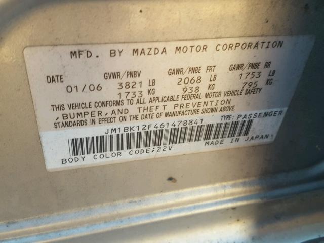 JM1BK12F461478841 - 2006 MAZDA 3 I SILVER photo 10