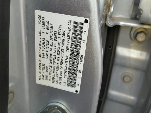 1HGCM567X6A087400 - 2006 HONDA ACCORD EX SILVER photo 10