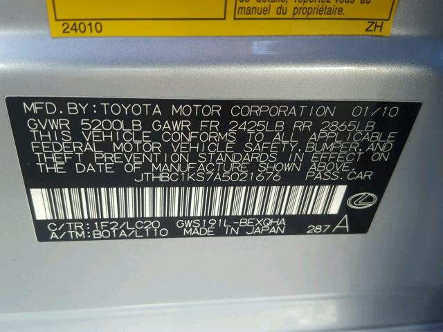 JTHBC1KS7A5021676 - 2010 LEXUS GS 450H SILVER photo 10