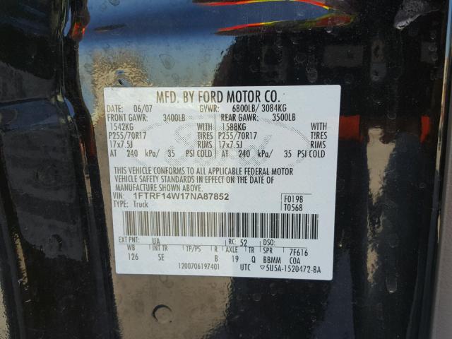 1FTRF14W17NA87852 - 2007 FORD F150 BLACK photo 10