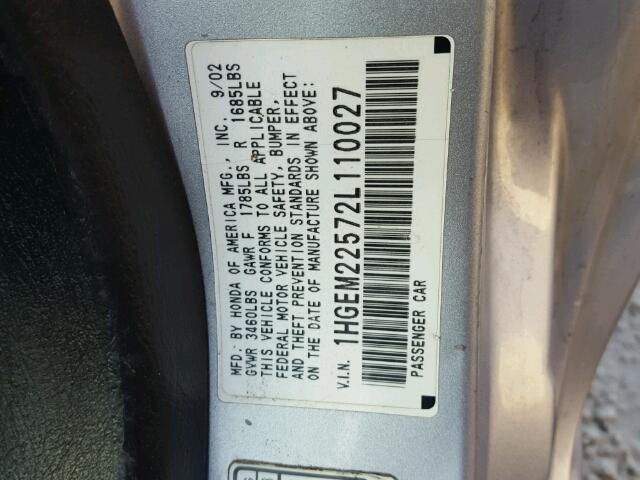 1HGEM22572L110027 - 2002 HONDA CIVIC LX SILVER photo 10