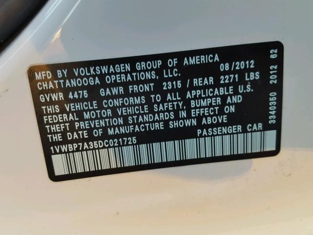 1VWBP7A35DC021725 - 2013 VOLKSWAGEN PASSAT SE WHITE photo 10