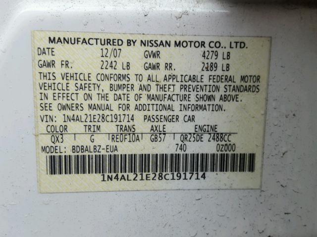 1N4AL21E28C191714 - 2008 NISSAN ALTIMA 2.5 WHITE photo 10