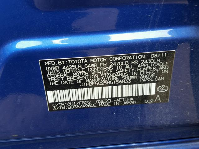 JTHBF5C25B5156833 - 2011 LEXUS IS 250 BLUE photo 10