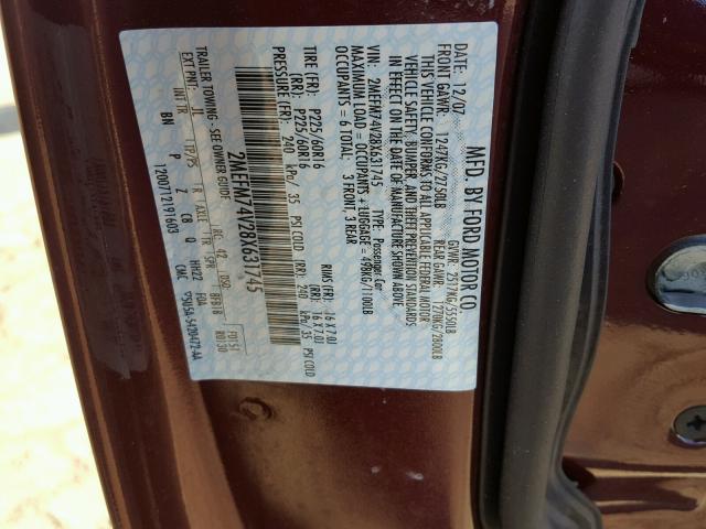 2MEFM74V28X631745 - 2008 MERCURY GRAND MARQ MAROON photo 10