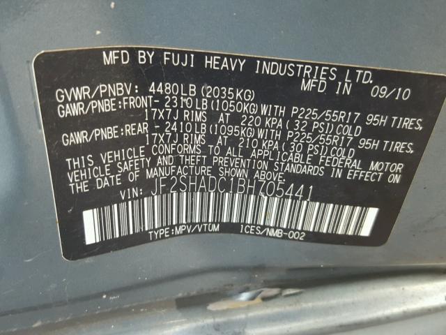 JF2SHADC1BH705441 - 2011 SUBARU FORESTER 2 BLUE photo 10