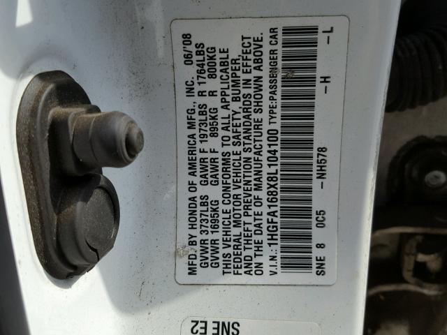 1HGFA168X8L104100 - 2008 HONDA CIVIC EX თეთრი ფოტო 10