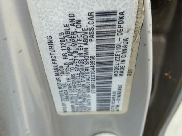 2T1BR12EX1C443938 - 2001 TOYOTA COROLLA CE SILVER photo 10