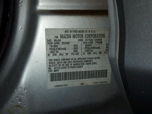 4F2CU09121KM12889 - 2001 MAZDA TRIBUTE LX SILVER photo 10