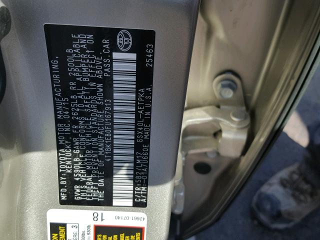 4T1BK1EB0FU167913 - 2015 TOYOTA AVALON XLE GOLD photo 10