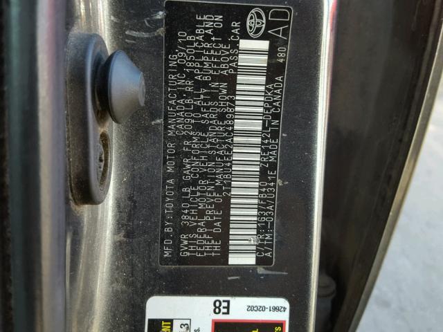 2T1BU4EE2AC489873 - 2010 TOYOTA COROLLA BA GRAY photo 10