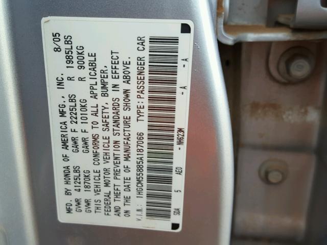 1HGCM55885A187066 - 2005 HONDA ACCORD EX SILVER photo 10