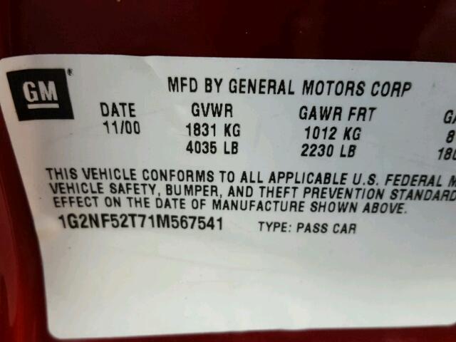 1G2NF52T71M567541 - 2001 PONTIAC GRAND AM S 勃艮第红 照片 10