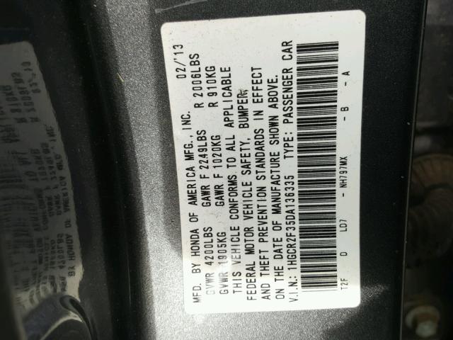 1HGCR2F35DA136335 - 2013 HONDA ACCORD LX GRAY photo 10