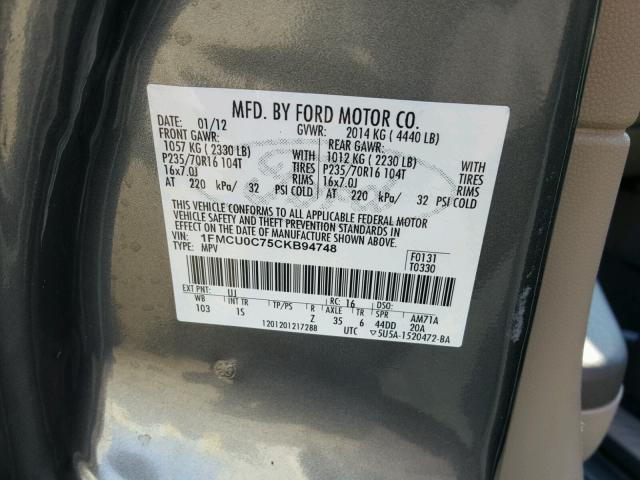 1FMCU0C75CKB94748 - 2012 FORD ESCAPE XLS CHARCOAL photo 10