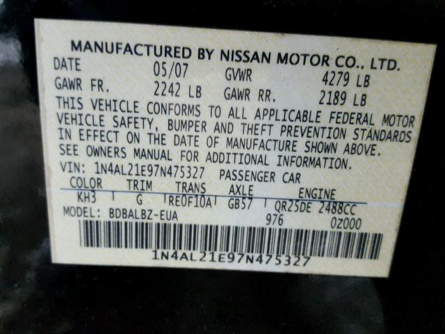 1N4AL21E97N475327 - 2007 NISSAN ALTIMA 2.5 BLACK photo 10